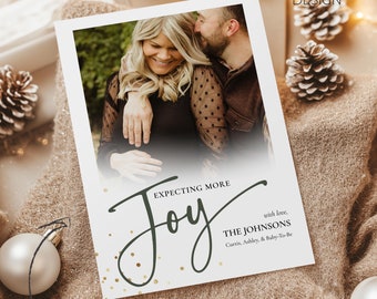 Christmas Pregnancy Announcement, Expecting Joy, Christmas Photo Card Template, Editable Digital Baby Announcement, 5x7, Xmas