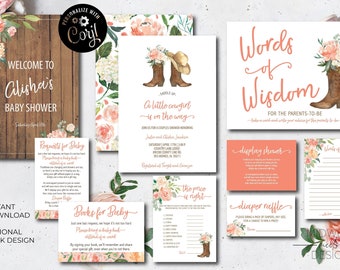 May include: A set of printable baby shower party decorations with a pink and peach floral theme. The decorations include a welcome sign, invitations, games, and a diaper raffle. The text on the invitations reads "A little cowgirl is on the way".