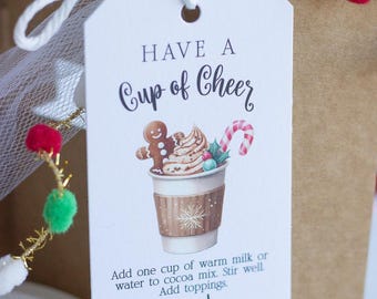 PRINTED Hot Cocoa Tags w/String, Cup of Cheer Holiday Tag, Christmas Tag
