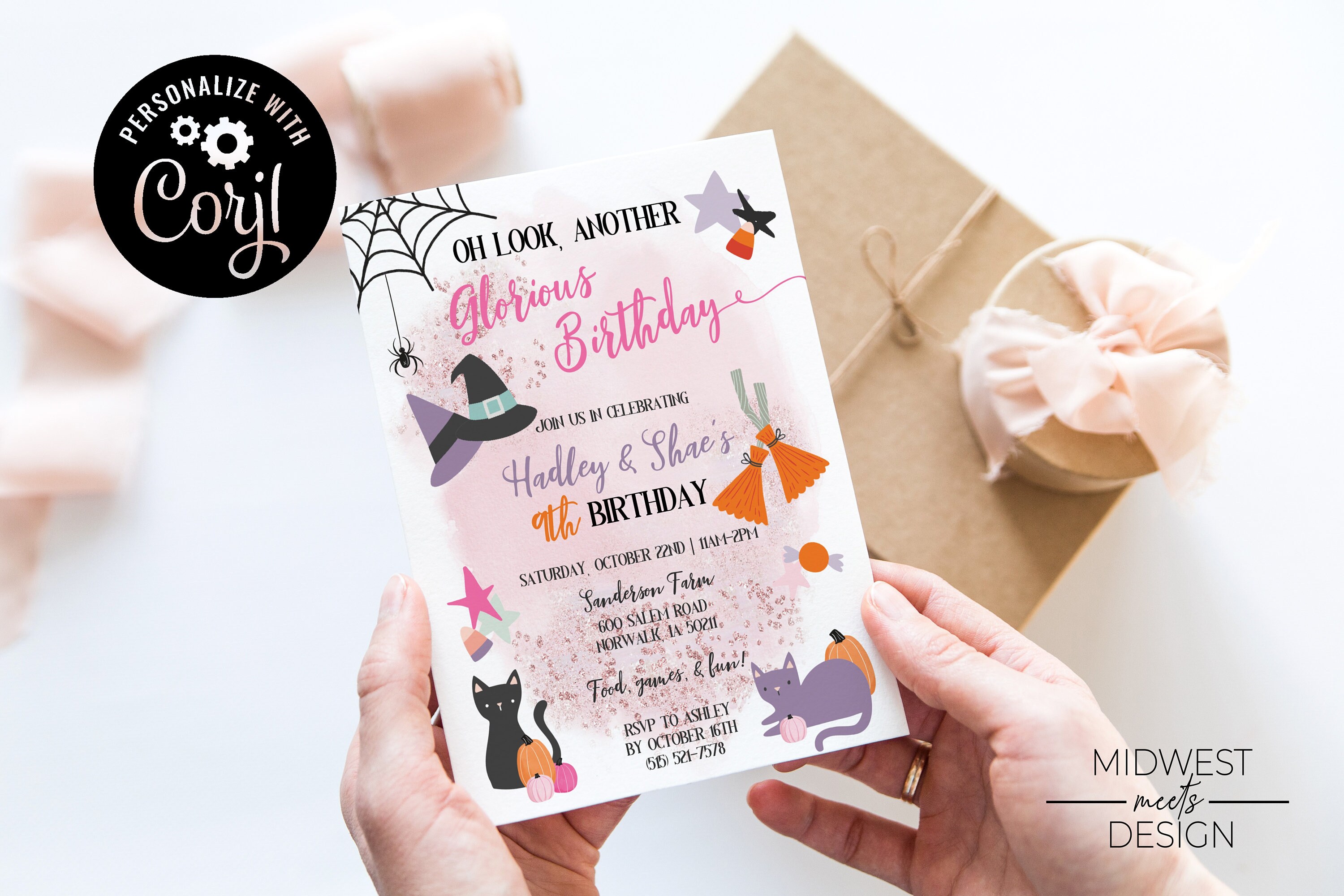 Editable Halloween Birthday Invitation for Twins Pink Etsy