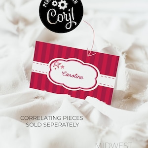 May include: A red and white name card with the name "Caroline" in a cloud-shaped design. The card has a striped background and a star graphic. The image also includes the text "Personalize with Corjl!" and "Midwest meets Design."