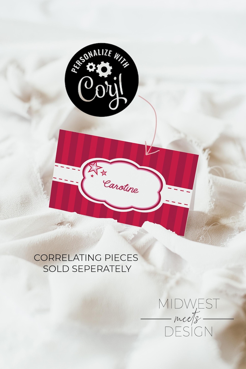 May include: A red and white name card with the name "Caroline" in a cloud-shaped design. The card has a striped background and a star graphic. The image also includes the text "Personalize with Corjl!" and "Midwest meets Design."