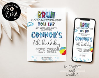 Bruh Pool Party Birthday Invite, Boy Pool Party, Bruh It's My Birthday Invitation printable, Tween Birthday - Digital Download