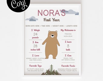 Pink Bear 1st Birthday Milestone Sign: First Year Stats (Digital Download)