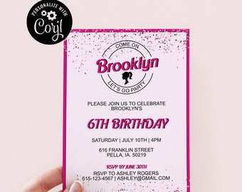 Editable Girls Doll Birthday Invitation, Barb Doll Party Invite, Pink Birthday Party - Digital Download