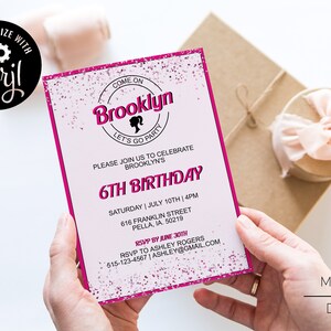 May include: Pink and white birthday invitation with a pink glitter background. The invitation says "Come on Brooklyn Let's Go Party" and includes details for a 6th birthday party.