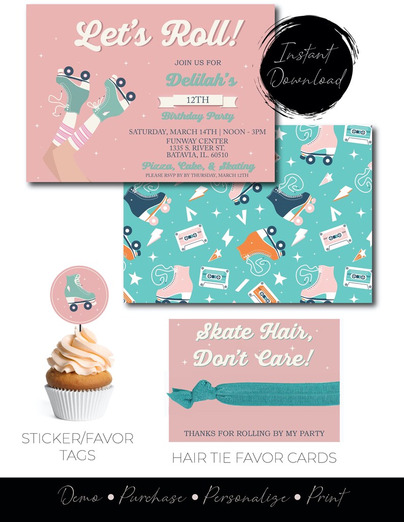 Roller Skate Birthday Sticker Template, Skate Party Stickers, Birthday Party Cupcake Tag, Roller