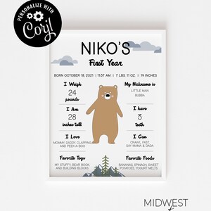 Editable Baby's First Year Stats Template, One Happy Camper 1st Birthday Printable Milestone Sign Poster, Bear Party, Instant Download