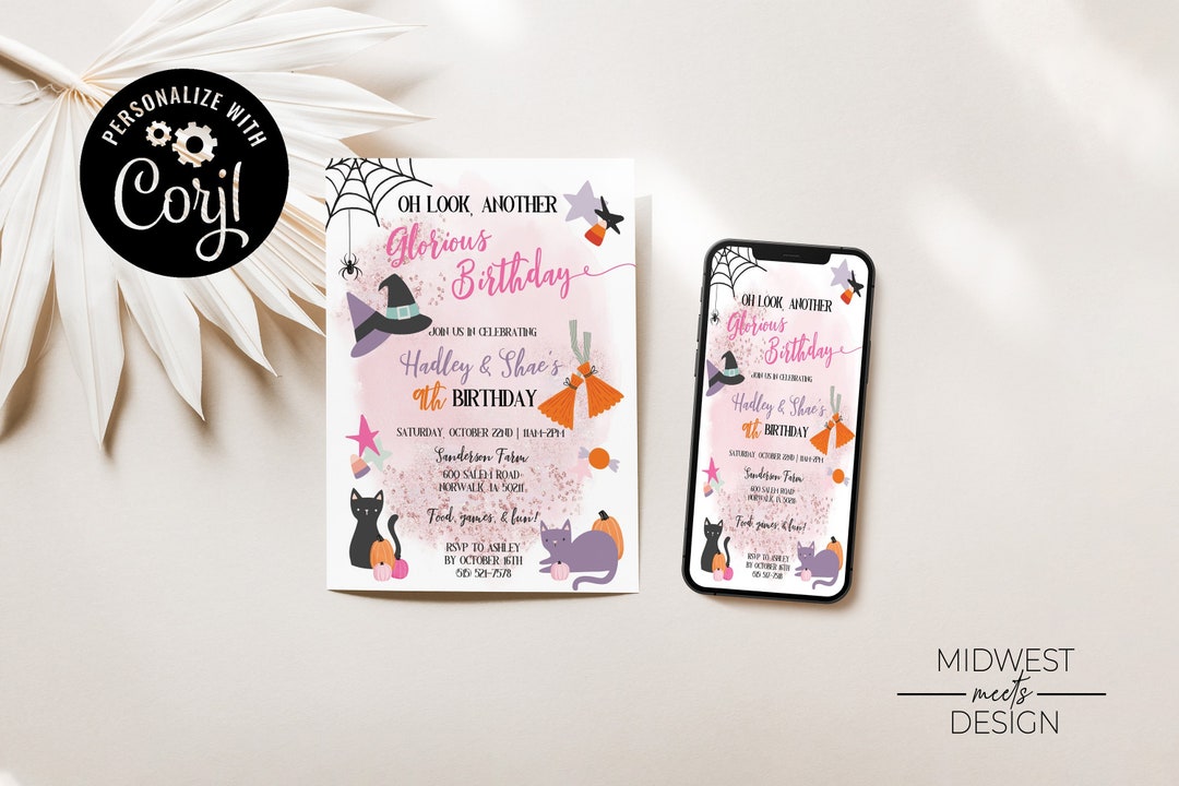 Editable Halloween Birthday Invitation for Twins Pink Etsy