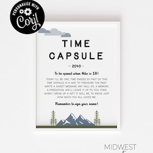 EDITABLE One Happy Camper Time Capsule Template, Time Capsule Sign w/Capsule Cards, First Birthday, Bear Birthday Party - Digital Download