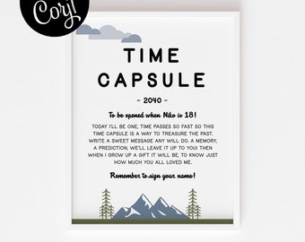 EDITABLE One Happy Camper Time Capsule Template, Time Capsule Sign w/Capsule Cards, First Birthday, Bear Birthday Party - Digital Download