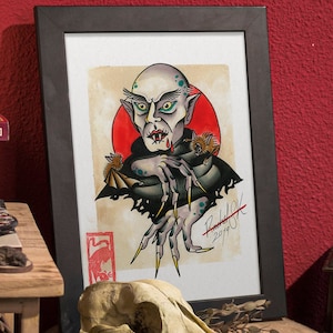 Nosferatu Tattoo Flash Sheet - Traditioneel handgetekend ontwerp voor woondecoratie. Gotische kunstdruk, vintage flitsblad, alternatieve muurposter