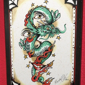 Tattoo Print - Guts of Dragon. Traditional Tattoo Flash Sheet, Handmade American Old School Illustration, Vintage Wall Art, Home Decoration