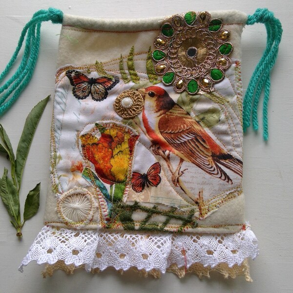 drawstring pouch in white felt with spring applique and lace/ birds, flowers, butterflies  felt bag