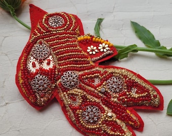 textile bird in red, beaded/ fiber arts bird pin
