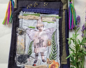 rustic  textile drawstring bag with mixed media decor/ felt, image, textile collage