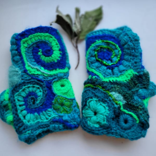 freeform crochet fingerless gloves in blues and teals / fiber arts crochet arm warmers