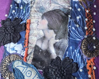 large drawstring pouch bohemian / purple black felt mixed media, textile collage