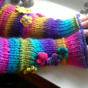 long rainbow arm warmers / fingerless gloves with crochet flowers / bohemian all season accessory