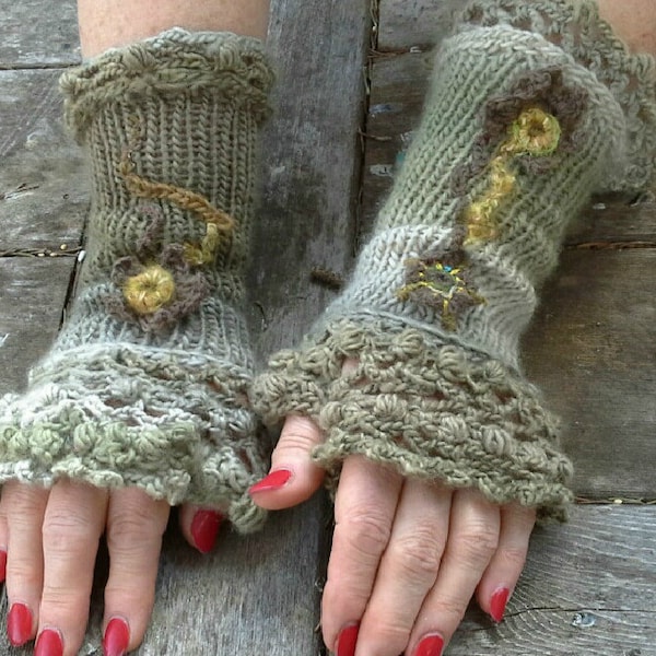 RESERVED/ knit and freeform crochet fingerless gloves/ grey arm warmers with freeform decor/ romantic womens wrist warmers