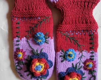 handknit  winter mittens/ traditional winter gloves with unique decor