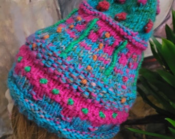 handknit winter cap/ knit winter hat, in teal, magenta, with intarsia, and embroidery
