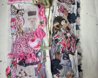TWO fabric  strips with collage, and images, / grungy ribbons with mixed media decor
