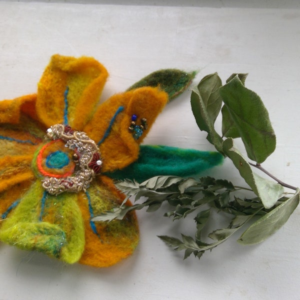 felted 3d flower with vintage textile and beads /yellow felted flower / fibre arts flower/MADE TO ORDER