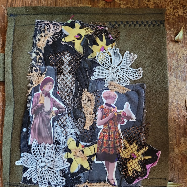 textile folder with mixed media decor and three large pockets