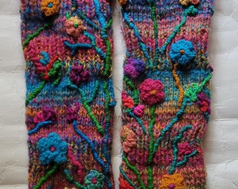handknit winter leg warmers  with floral embroidery