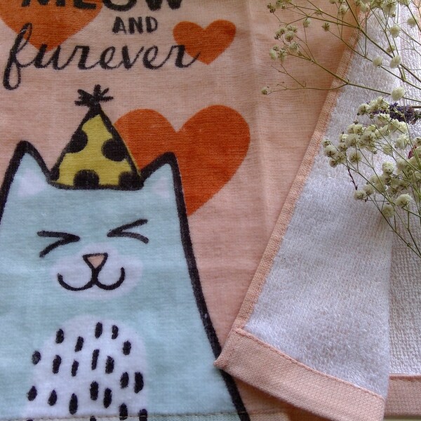 reserved /// whimsical kitchen towel in pink, hearts and kitty