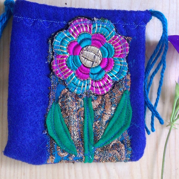 RESERVED/ small drawstring pouch in royal blue with festive flower applique / pouch w India applique/ RESERVED