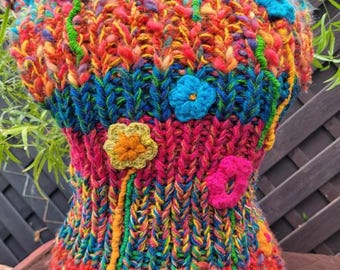 handknit chunky SLEEVELESS SWEATER / rustic handknit VEST  funky multicolor with crochet flowers