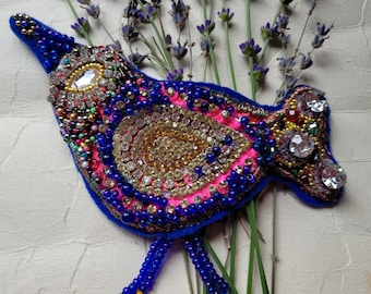 beaded textile bird, rustic bead-embroidered brooch, decorative bird pin