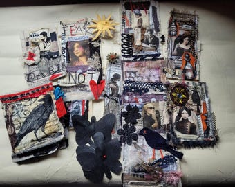 bundle of grungy textile strips, snippets, small textile "book", and cut out butterflies