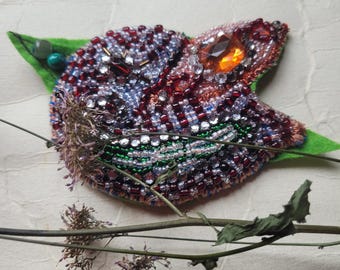 beaded textile bird/ patch/ rustic bird  pin