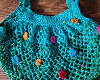 crochet mesh market bag/ teal acrylic, teal, flower decor
