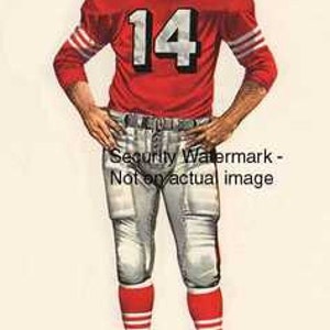 以下が含まれることがあります： 赤いジャージに14番の番号、白いズボン、赤と白のストライプの靴下を履いたアメリカンフットボール選手のヴィンテージイラスト。選手は白いフェイスマスクが付いた赤いヘルメットをかぶっている。画像の下には「SAN FRANCISCO 49ers, 1954 Y.A. TITTLE, Quarterback」というテキストが書かれている。