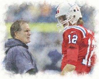 New Tom Brady, Bill Belichick, New England Patriots, NFL, Limited Art Print, Signed & Numbered by the Artist, Includes Seal of Authenticity.