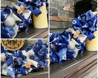 Hanukkah Garland/Rustic Hanukkah Railing Garland/Hanukkah Rag-tied Mantle Garland/Dreidel And Bows Garland/Hanukkah Blue and Silver Garland