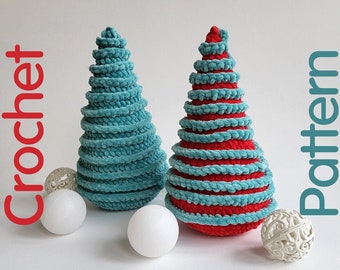 May include: Two handmade crochet Christmas trees, one solid teal and the other red and teal striped. The trees are spiral-shaped and sit on a white surface. The word "Crochet" is written in red, and "Pattern" is written in teal.