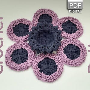 かぎ針編みの花のコースターのパターン、コースターセットのパターン、説明書付きのPDFかぎ針編みのパターン、キッチンの装飾、植木鉢のパターン
