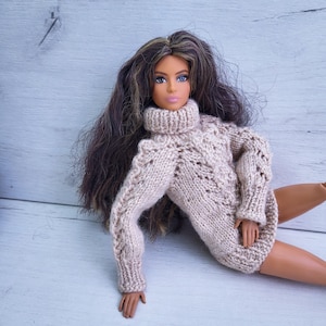 Knitted beige sweater, warm doll clothes, doll clothing, apparel, Knitting for doll, One Sixth Scale Doll, 1:6 fashion doll sweater, outfit