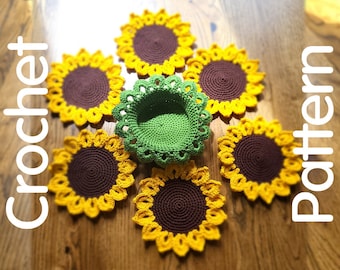 Crochet Sunflower Coasters and Basket Set Pattern, PDF Crochet Pattern With Written Instructions, Coaster Kitchen Decor, Flower Pot Pattern