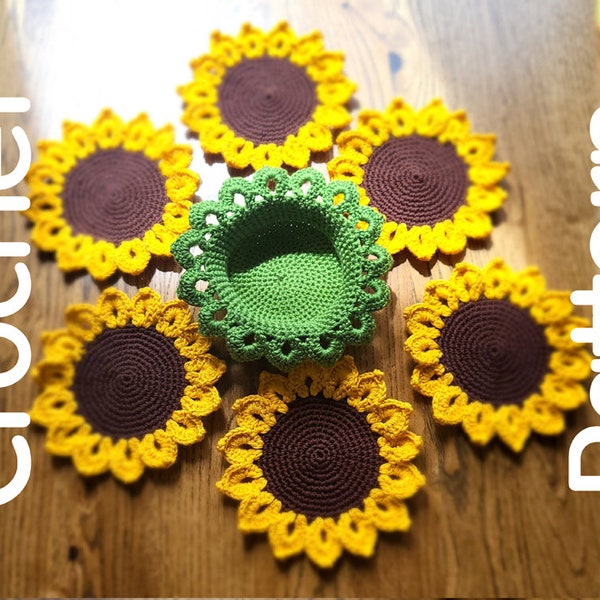 Crochet Sunflower Coasters and Basket Set Pattern, PDF Crochet Pattern With Written Instructions, Coaster Kitchen Decor, Flower Pot Pattern