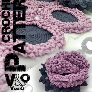 May include: Crochet pattern for a flower coaster. The pattern includes instructions for making a coaster with a purple flower design and a gray center. The pattern is available for download on the V&O Vando website.