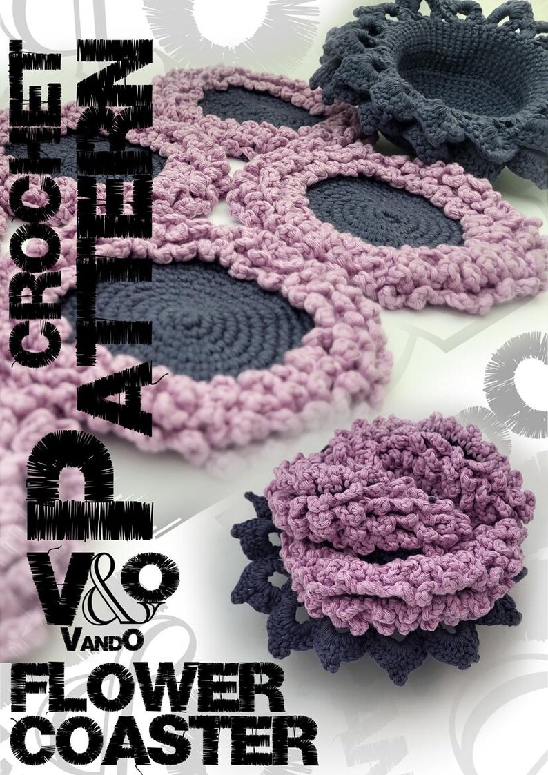 May include: Crochet pattern for a flower coaster. The pattern includes instructions for making a coaster with a purple flower design and a gray center. The pattern is available for download on the V&O Vando website.