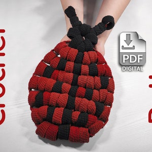 May include: A crochet pattern for a ladybug-shaped bag, with red and black yarn. The pattern is available as a digital PDF download.