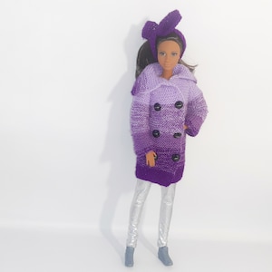 Doll knit coat, doll clothing, 12 inch doll clothes, doll cardigan, doll outfit, knitted violet coat, one sixth scale doll out, photo shoot