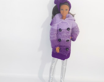 Doll knit coat, doll clothing, 12 inch doll clothes, doll cardigan, doll outfit, knitted violet coat, one sixth scale doll out, photo shoot